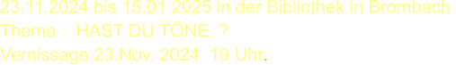23.11.2024 bis 15.01 2025 in der Bibliothek in Brombach  Thema :  HAST DU TÖNE  ? Vernissage 23.Nov. 2024  19 Uhr.